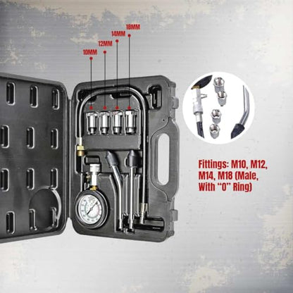 Engine Compression Tester Kit – PMD Products, Small Engine Diagnostics with 10MM, 12MM, 14MM, 18MM Spark Plug Adapters, Dual-Scale 0-300 PSI Gauge for Motorcycles, Cars, and More