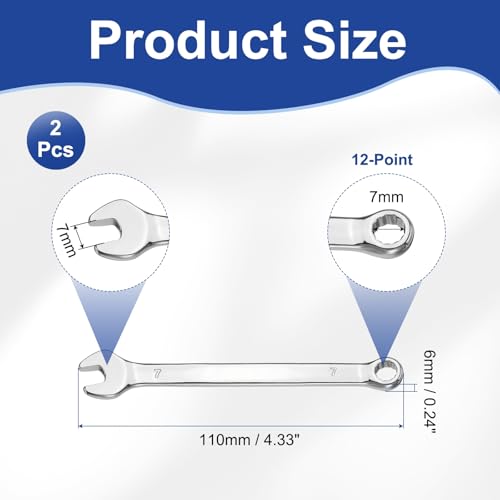 HARFINGTON 2Pcs Combination Wrench 7mm Metric 12-Point Box and Open End 45# Carbon Steel Double Ended Spanner Tool for Automotive Pipe Furniture Machinery DIY Repair, Silver White - size: 7mm