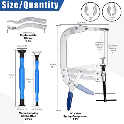 Glarks 5Pcs Universal Valve Spring Compressor with 3.5" to 9" Capacity and Valve Lapper Kit, 1Pc Small Engine Valve Spring Removal Tool with 2Pcs Valve Lapping Tool and 2Pcs Replaceable Clamps