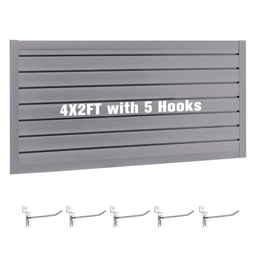 Slatwall Panel Garage Wall Organizer Storage Systems, Wall Mounted PVC Storage Rack with 5 Hooks, Interlocking Workshop Slat Wall Paneling Sheets Board Shelves Tools Organization-Grey(2’H x 4’W) - size: 4×2ft