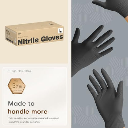 SUP MED+ Black Nitrile Exam Gloves, 5 Mil Disposable Gloves Latex & Powder-Free Medical Food Safe Cooking Glove, 75 or 750 Ct - color: 100 Large (Black)