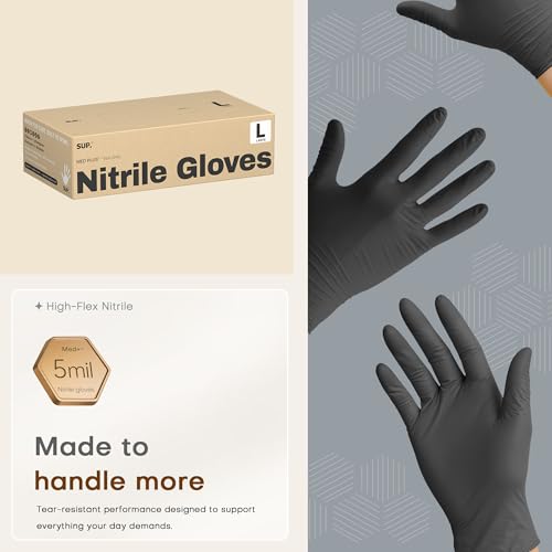 SUP MED+ Black Nitrile Exam Gloves, 5 Mil Disposable Gloves Latex & Powder-Free Medical Food Safe Cooking Glove, 75 or 750 Ct - color: Large (Black 1000)