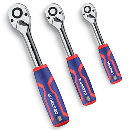 WORKPRO 3-Piece Ratchet Set, 1/4", 3/8", 1/2" Drive Ratchet Wrench | Quick-Release Reversible, 72-Tooth, Chrome Alloy Made - size: 3-Piece Set: 1/4", 3/8", 1/2"