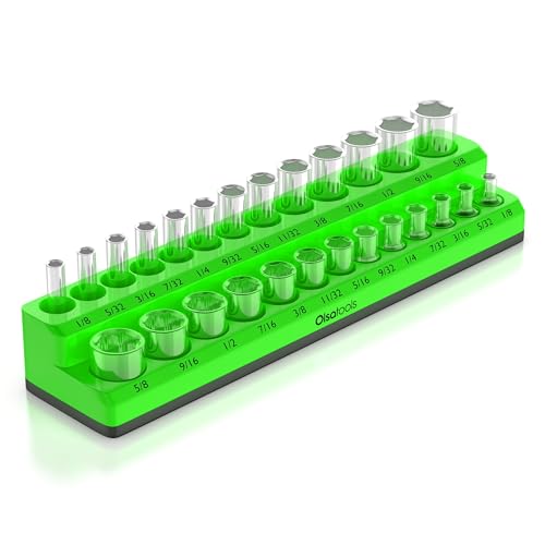 Olsa Tools Magnetic Socket Organizer 1/4-Inch Drive Metric, Green | 2-Row Magnetic Socket Holder, Holds 26 Sockets, Fits Regular Sockets, Professional-Grade Tool Box Organizer, Part: 1115 - color: Green, Sae, size: 1/4-Inch Drive, SAE