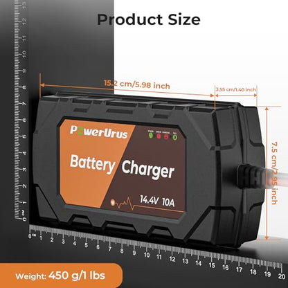 12V 10A Lithium Battery Charger, PowerUrus 12V 10A LiFePO4 Battery Charger, Samrt 12V Lithium Battery Chargers, 10A Trickle Battery Chargers, 12v Battery Maintainer for Deep Cycle Battery of Boat, RV