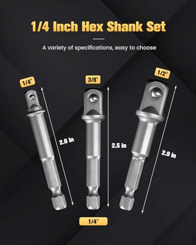 BOEN Impact Grade Socket Adapter Set, 3-PCS Drill Bit Adapter with Bit Holder, Sizes 1/4", 3/8", 1/2", 1/4-Inch SAE Hex Shank, Cr-V, for Cordless Drill & Screwdriver, Power Drill & Driver - size: 3PCS SAE