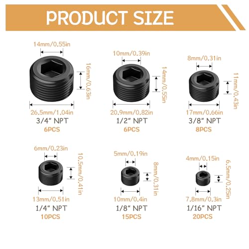 65PCS 6 Size 1/16" 1/8" 1/4" 3/8" 1/2" 3/4" NPT Pipe Fittings, Black Carbon Steel Pipe Plug Socket Set DD032-65 - size: 65PCS