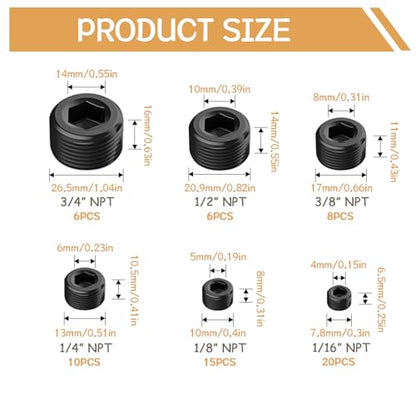 65PCS 6 Size 1/16" 1/8" 1/4" 3/8" 1/2" 3/4" NPT Pipe Fittings, Black Carbon Steel Pipe Plug Socket Set DD032-65 - size: 65PCS