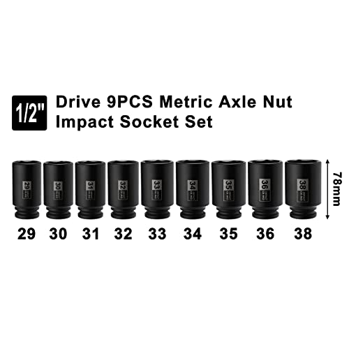 Mayouko 9PCS 1/2 Inch Drive Deep Impact Socket Set, 29-38MM, Spindle Axle Nut Sockets, Metric, Deep, 6-Point, CR-MO - size: 1.142" - 1.496" (9 Pieces)