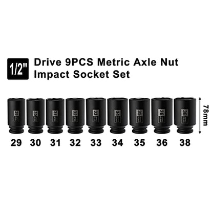 Mayouko 9PCS 1/2 Inch Drive Deep Impact Socket Set, 29-38MM, Spindle Axle Nut Sockets, Metric, Deep, 6-Point, CR-MO - size: 1.142" - 1.496" (9 Pieces)