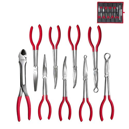 9-Piece 11" Long Reach Needle Nose Pliers Set | 9-Piece 11" long reach needle nose pliers set (straight/bent/hose grippers). 58HRC carbon steel with canvas storage pouch.