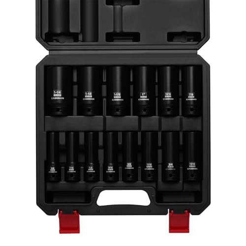 CASOMAN 14PCS 1/2" Drive Deep Impact Socket Set, SAE, 6-Point, CR-MO, 3/8" to 1-1/4", for Auto Repair, Mechanic, with Portable Case, Easy-to-Read Size Markings, Rugged Construction - size: 9.5mm to 31.8mm