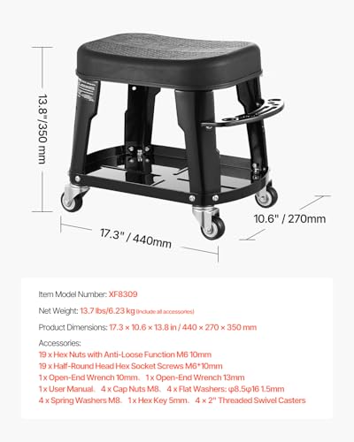 VEVOR Mechanic Stool, 300 lbs Capacity, Black, Industrial Style, Plastic Seat, Wheels, 360 Swivel, Tool Tray, Screwdriver Rack - color: Black