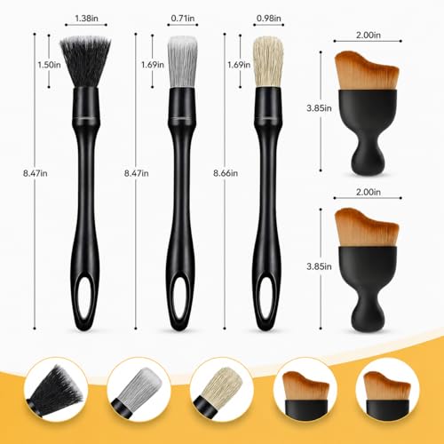 Car Detailing Brush Kit, 5PCS Auto Cleaning Brushes Set with Soft Boar Hair and Vent Brushes, Interior and Exterior Detailing Tools for Dashboard Wheels Air Vents, Universal Car Cleaning Kit