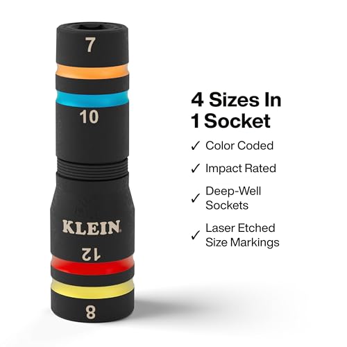 Klein Tools 651MQS Impact-Rated Quad Socket Set, 4-in-1 Flip Socket Driver, Color-Coded, Heavy-Duty Multi Tool, 1/4-Inch Drive, Metric 7mm, 8mm, 10mm, 12mm, 3-1/2-Inch Extension Shaft - size: 4 Sizes, Metric