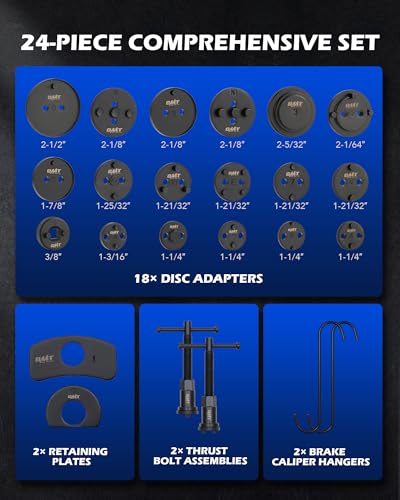 OMT 24pc Brake Caliper Compression Tool with Adapters & Hangers, Blackened | 1045 Steel Construction; Full Multi Piece Set for Most Vehicles; Thrust Bolt Assemblies; Precision Auto Repair - color: Black