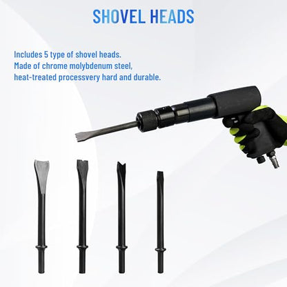 25PCS Multi-functional Pneumatic Hammer Piece Chisel Set, Air Hammer Kit, 2100 BPM Quick Change Retainer Air Hammer with Shovel Heads, Ball Joint Separator Set, Air hammer Bits (Blue) - color: Blue
