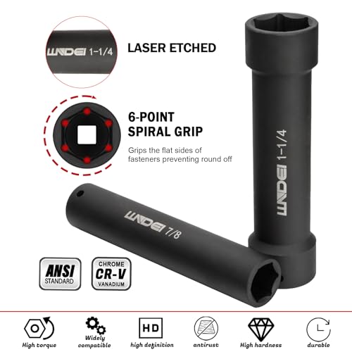 LLNDEI 1/2 Inch Drive Extended Length Impact Socket Set 6PCS Extra Deep Socket Set Include Sizes 3/4", 7/8", 15/16", 1-1/16", 1-1/8", 1-1/4" for High Torque Use