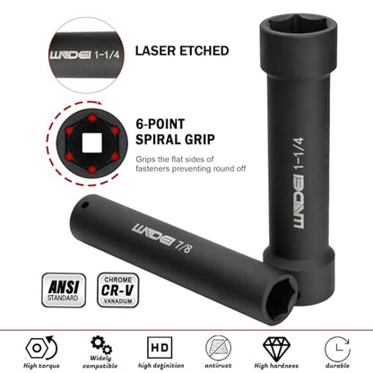 LLNDEI 1/2 Inch Drive Extended Length Impact Socket Set 6PCS Extra Deep Socket Set Include Sizes 3/4", 7/8", 15/16", 1-1/16", 1-1/8", 1-1/4" for High Torque Use