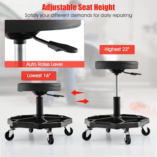 S AFSTAR Garage Shop Roller Seats, Adjustable Pneumatic Rolling Creeper Stool W/Tool Storage Tray & 4 Universal Wheels, Padded Mechanic Stool Repair Shop Stool Garage Rolling Stool (Black - color: Black