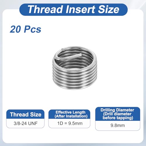 PATIKIL Wire Thread Inserts 3/8-24 UNF 1D 9.5mm, 20Pcs 304 Stainless Steel Helical Coiled Wire Screw Threaded Sleeve Sheath for Mechanical Equipment Automotive Repairs - size: 3/8-24 UNF, 9.5mm