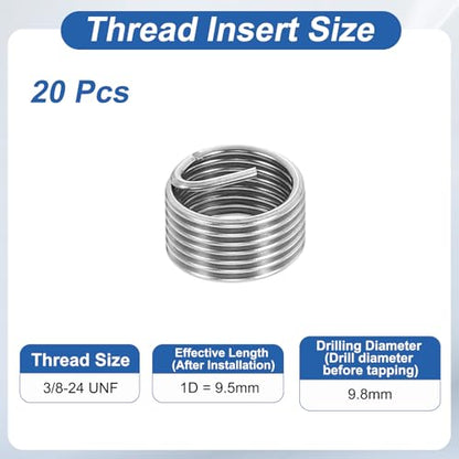 PATIKIL Wire Thread Inserts 3/8-24 UNF 1D 9.5mm, 20Pcs 304 Stainless Steel Helical Coiled Wire Screw Threaded Sleeve Sheath for Mechanical Equipment Automotive Repairs - size: 3/8-24 UNF, 9.5mm