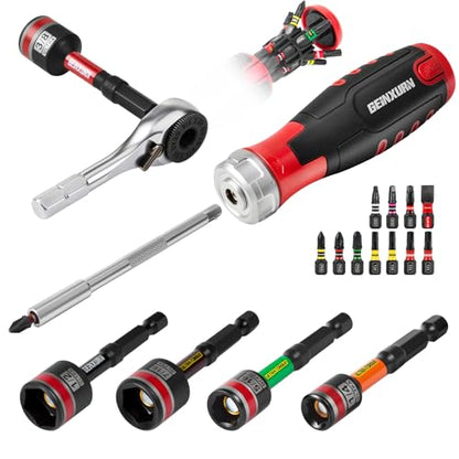 GEINXURN 19 Pieces Ratcheting Screwdriver Set and Socket Wrench Set, Mini Rachet Wrench, Rachet Screwdriver Handle and Nut Driver with 12 Pcs Impact Screwdriver Bit, Hand Tools Set for Repair DIY - style: RM019-US