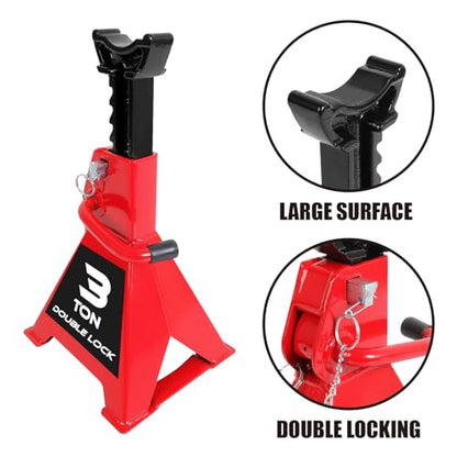 Big RED Torin 3 Ton Steel Heavy Duty Jack Stands: Double Locking Pins - Red, 1 Pair (2 Pack) - size: 3 ton, style: Double Locking Heavy Duty