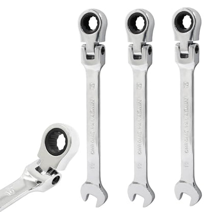 3Pcs Flexible Ratchet Wrenches Set, 10mm | Chrome Vanadium Steel, Gear Wrench for Versatile Gear Ring Ratcheting Combination, 5° Movement, 72 Teeth