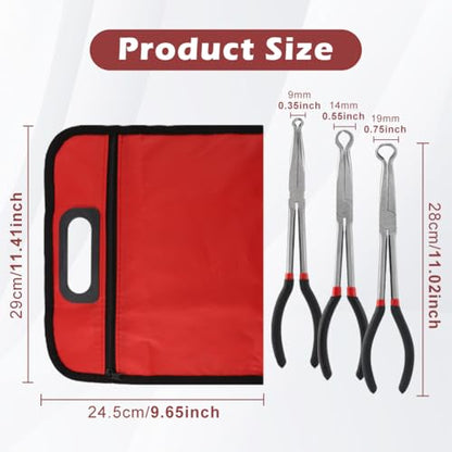 3pcs Long Reach Hose Grip Pliers Set, 11" Long Pliers, 3/8-Inch, 1/2-Inch, 3/4-Inch Dia, Offset Spark Plug Boot Removal Plier Serrated Jaws for Hard to Reach Narrow Space(COLOR:black red)