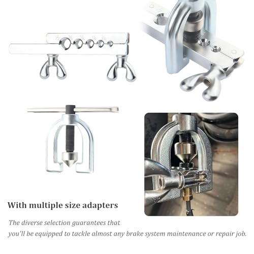 Turcee Double and Single Brake Line Flaring Tool Kit,Steel Brake Flaring Tool Kit Include 5 Adapters,Tube Cutter,Flaring Cone,Flare Rod,Professional Brake Flare Tool Kit for Brake Lines