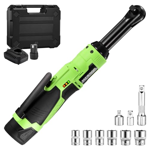 3/8" Extended Electric Ratchet Wrench Set, 12V Cordless Ratchet with Variable Speed, 6 Sockets, LED Light, 1/4" Adapter, 1/2" Adapter, 2.0Ah Battery - style: Extended neck & 1 battery