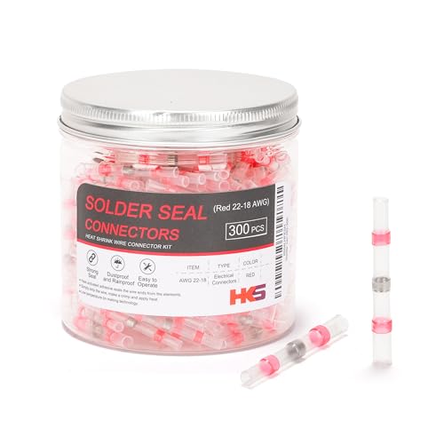 HKS 300PCS Solder Seal Wire Connectors – 22-18 AWG Red Heat Shrink Butt Terminals – Waterproof Electrical Wire Splice for Automotive, Marine, and DIY Wiring - color: RED 22-18 AWG, size: 300PCS