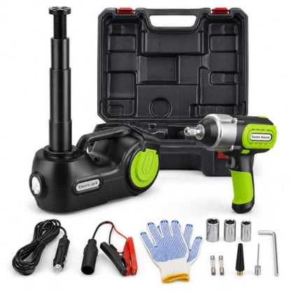 Electric Car Jack Kit 5 Ton 12V with Wrench and Tire Inflator (Black Green) | C model, 20.87 in lift, hydraulic jack, impact wrench, tire inflator, LED light, hard case