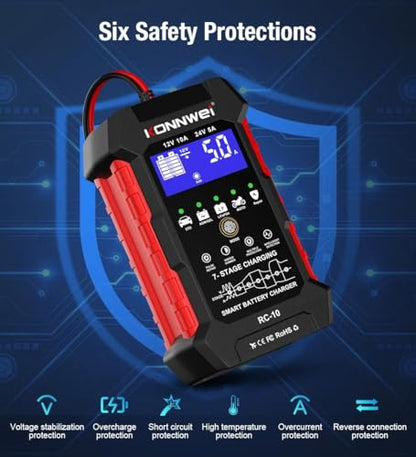 KONNWEI RC-10 Car Battery Tester 12V/24V – 7-Stage Automatic Charger and Pulse Repair Tool, Fast Charging, Trickle Mode, Overheat & Reverse Protection,Fast Charging for Car,Truck,Motorcycle,Marine