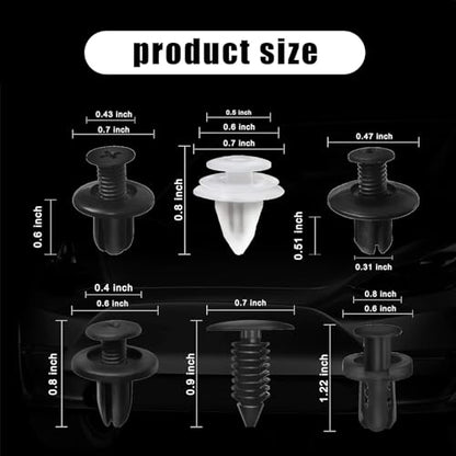 gunhunt 100 PCS Car Bumper Bolt Fastener Set, 6 Types of Door Panel Push Retainer Replacement HE26 with 6" Removal Tool, Bumper Push Retainer Clip Rivet Kit, Universal for Most Cars (White & Black)