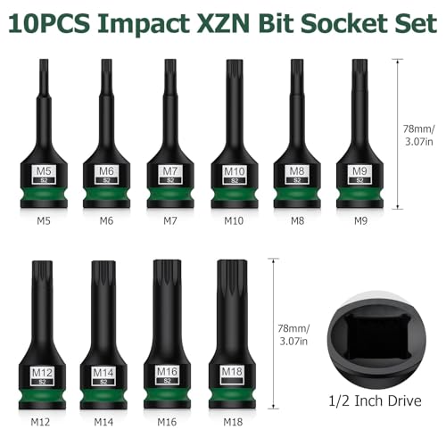 10-Piece S2 Impact XZN Triple Square Bit Socket Set, 1/2 Drive, M5-M18 | Made With S2 Steel and Crmo Drive Sockets, Includes M5-M18 Sizes, Locking Pins and O-Rings for Impact Wrench Use - size: XZN