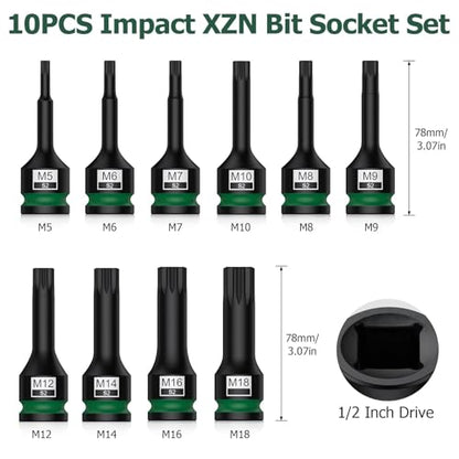 10-Piece S2 Impact XZN Triple Square Bit Socket Set, 1/2 Drive, M5-M18 | Made With S2 Steel and Crmo Drive Sockets, Includes M5-M18 Sizes, Locking Pins and O-Rings for Impact Wrench Use - size: XZN