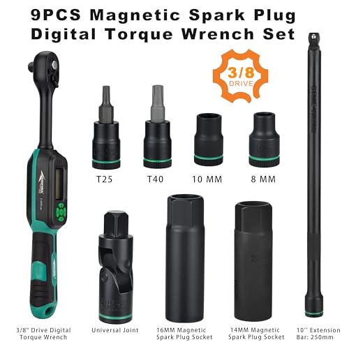 AEROFORCE 9PCS Magnetic Spark Plug Socket Set with a 3/8" Drive Digital Torque Wrench (6.8-135Nm), Includes 12-Point 14mm & 16mm Spark Plug Sockets for cars, motorcycles, lawnmowers - size: 9PCS