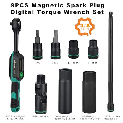 AEROFORCE 9PCS Magnetic Spark Plug Socket Set with a 3/8" Drive Digital Torque Wrench (6.8-135Nm), Includes 12-Point 14mm & 16mm Spark Plug Sockets for cars, motorcycles, lawnmowers - size: 9PCS
