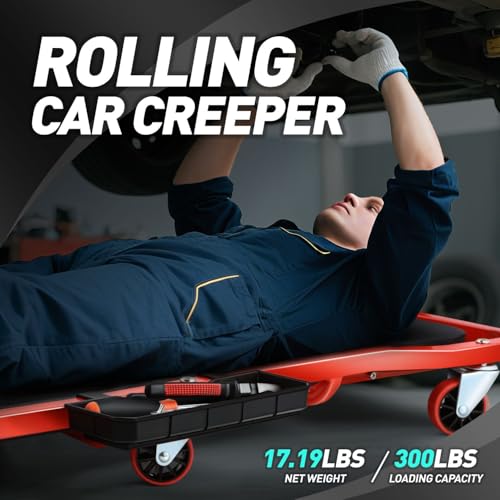 ‎DNA MOTORING TOOLS-00271 Rolling Car Creeper with 3-leves Adjustable Headrest & 6 Casters,300lbs Max Weight Capacity,Red - color: Red