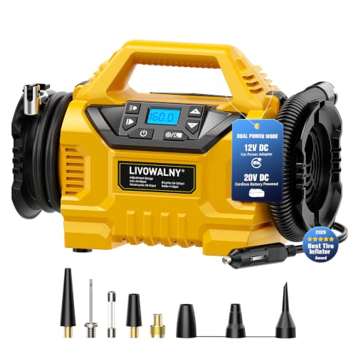 3X Faster Cordless Tire Inflator Air Compressor Pump Compatible With Dewalt 20V Battery, LIVOWALNY 160PSI 12V DC/20V DC with Pressure Gauge & Deflator for Car, Pickup, Air Mattresses (Tool Only) - color: Yellow