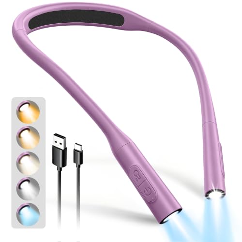 Glocusent Lightweight Neck Light,1200mAh Rechargeable Book Light for Reading in Bed, Eye-Caring with 5 Colors & 5 Brightness Adjustable, Neck Reading Light for Book Lovers - color: Purple