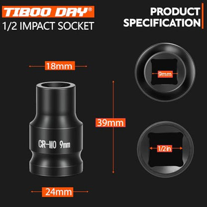 1/2" Drive 9mm Impact Socket Metric Standard Impact Socket Blackening Finish 4 Point Square Socket made with Chrome Molybdenum Alloy Steel for Auto Repair Mechanical Maintenance Removal of Axle Nut - size: 9mm - 4pt, style: 1/2" Drive Standard Socket