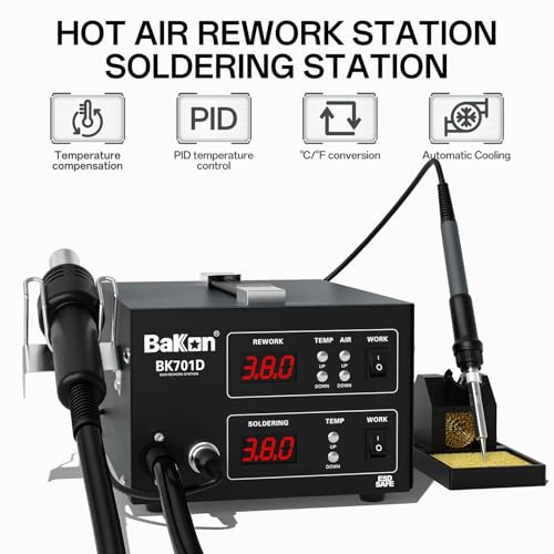 BK701D 700W Soldering Station, 2 In 1 Hot Air Rework & Soldering Iron Station, SMD ESD Safe Solder Station,Electronic Soldering Kit For Mobile Phone Laptop Repair or Circuit Board Soldering - color: Black