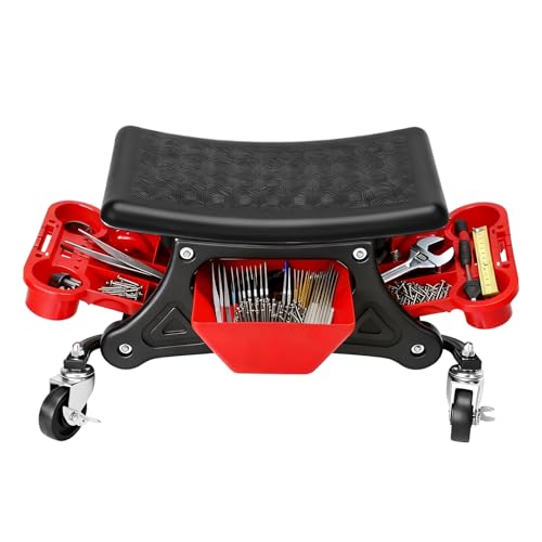 Mechanic Stool with Wheels,300 LBS Capacity Garage Stool | Heavy Duty Rolling Mechanics Seat with Slide Out Tool Trays and Drawer,Tools for Automotive Auto Repair RED