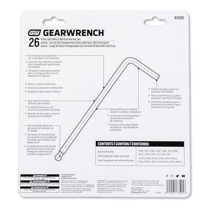 GEARWRENCH 26 Piece SAE/Metric Ball End Long Arm Hex Key Set - 83505