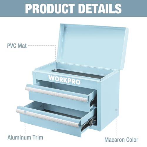 WORKPRO Metal Mini Tool Box with 2 Drawers and Top Storage | Cold Rolled Steel Toolbox, Ball Bearing Slides, PVC Drawer Liners, PP Feet Pads, Durable Storage - color: Macaron Blue