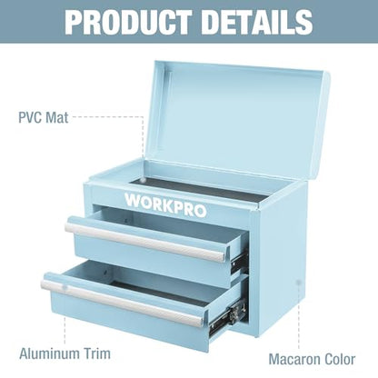 WORKPRO Metal Mini Tool Box with 2 Drawers and Top Storage | Cold Rolled Steel Toolbox, Ball Bearing Slides, PVC Drawer Liners, PP Feet Pads, Durable Storage - color: Macaron Blue