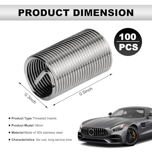 100PCS Thread Repair Insert, M6 × 1.0 × 3D Helicoil Metric Thread Sleeve Steel Sheaths Wire Thread Inserts, 304 Stainless Steel Helicoil Coiled Wire Screw Thread Repair Kit - color: 18mm
